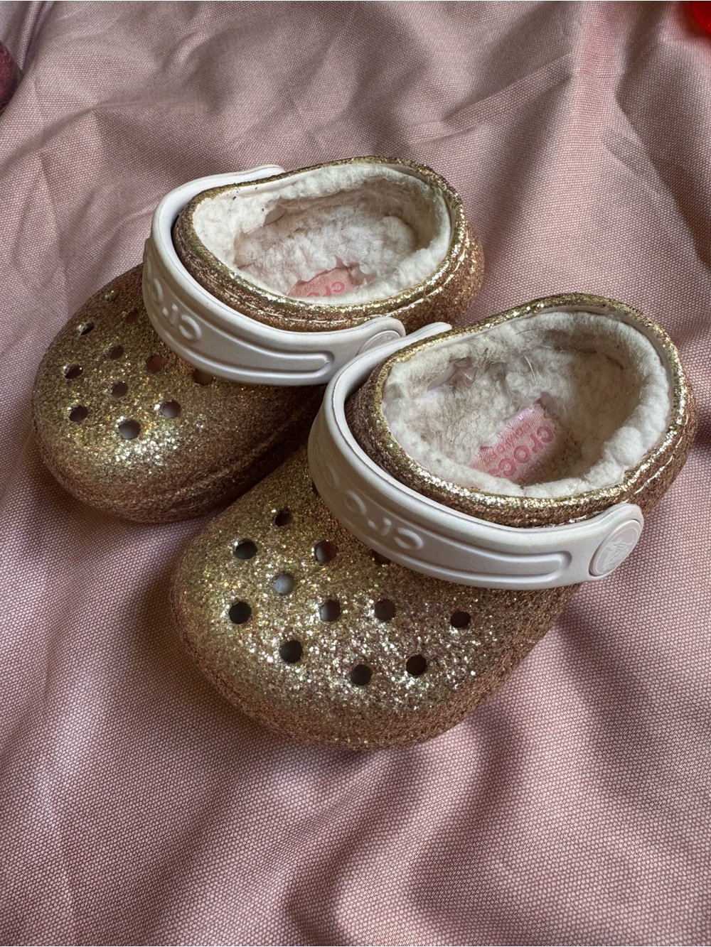 CROCS Kids Glitter Lined Clogs in Gold with White Strap
